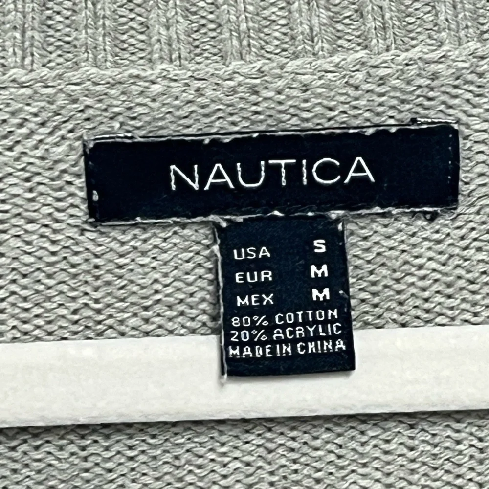 Nautica Women's V-Neck Sweater in Gray and White Stripes